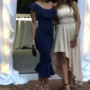 Navy off the shoulder body con dress
